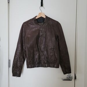 Madewell Brown Leather Bomber Jacket y2k Grunge Bikercore size xs